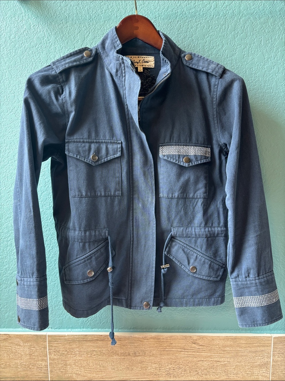 Sheryl Crow Navy Utility Jacket with Embroidered Rhinestone Trim
